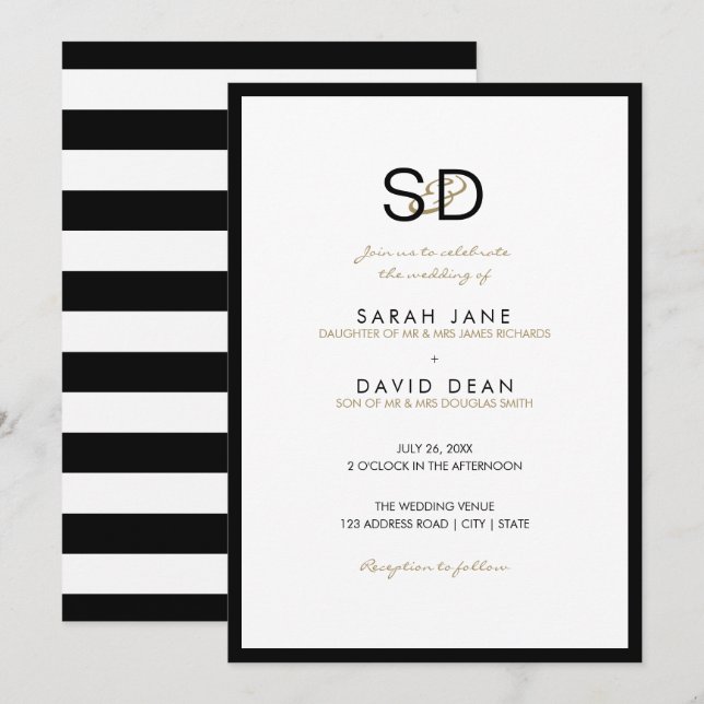 Invitaciones a la boda monograma de franja blanca  (Anverso / Reverso)