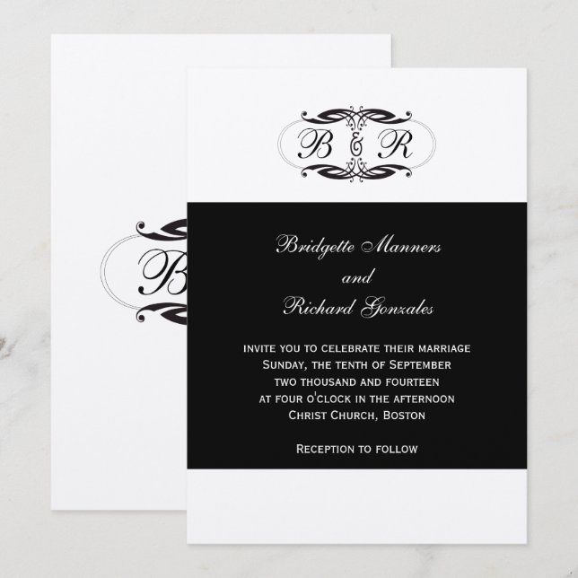 Invitaciones a la boda monograma Plata Art Déco (Anverso / Reverso)