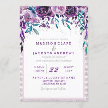 Invitaciones a la boda morada con flores y plata