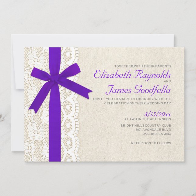 Invitaciones a la boda morada de arco y encaje (Anverso)