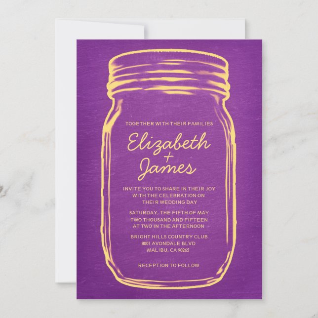 Invitaciones a la boda morada de mason jar con vin (Anverso)
