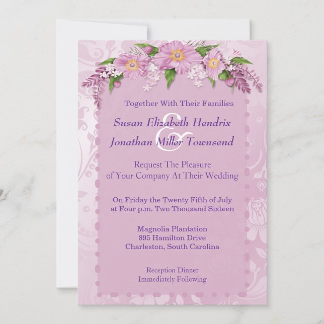 Invitaciones a la boda morada floral (Anverso)