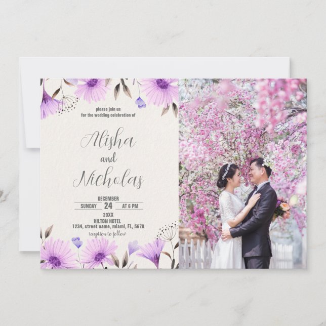 Invitaciones a la boda morada floral con foto (Anverso)