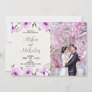 Invitaciones a la boda morada floral con foto
