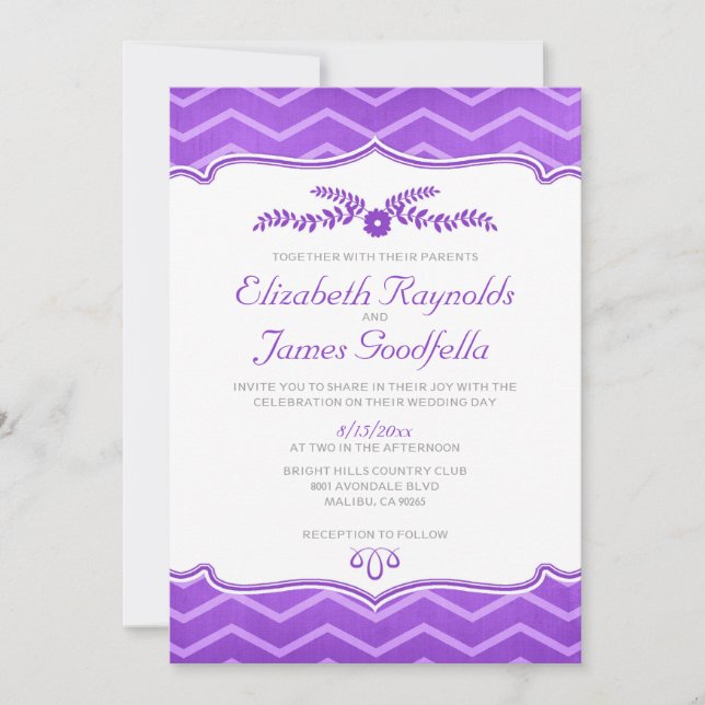 Invitaciones a la boda morada zigzag (Anverso)