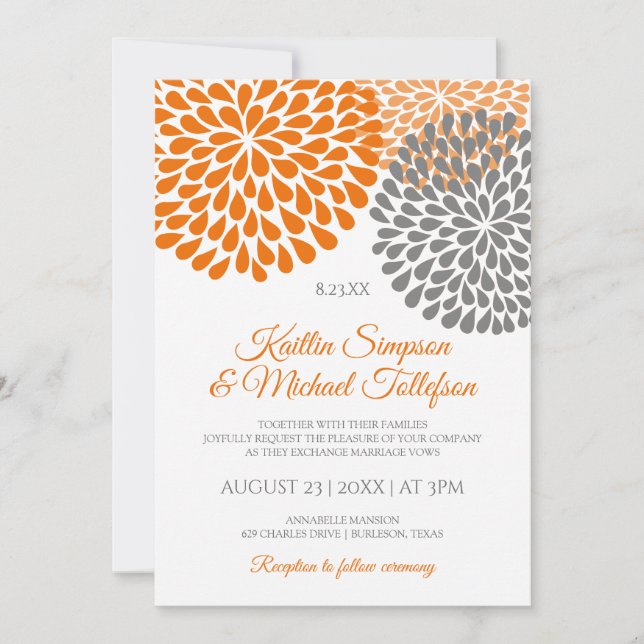 Invitaciones a la boda naranja y gris | Floral y d (Anverso)