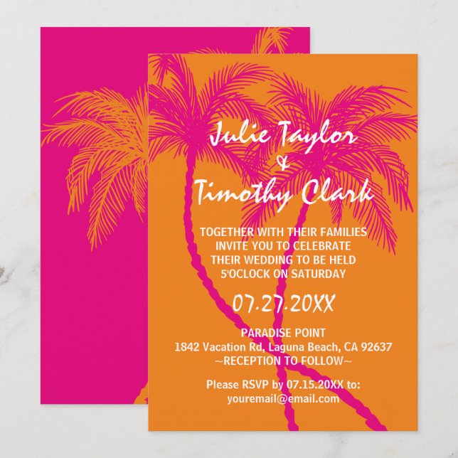 Invitaciones a la boda Naranja y rosa caliente (Anverso / Reverso)