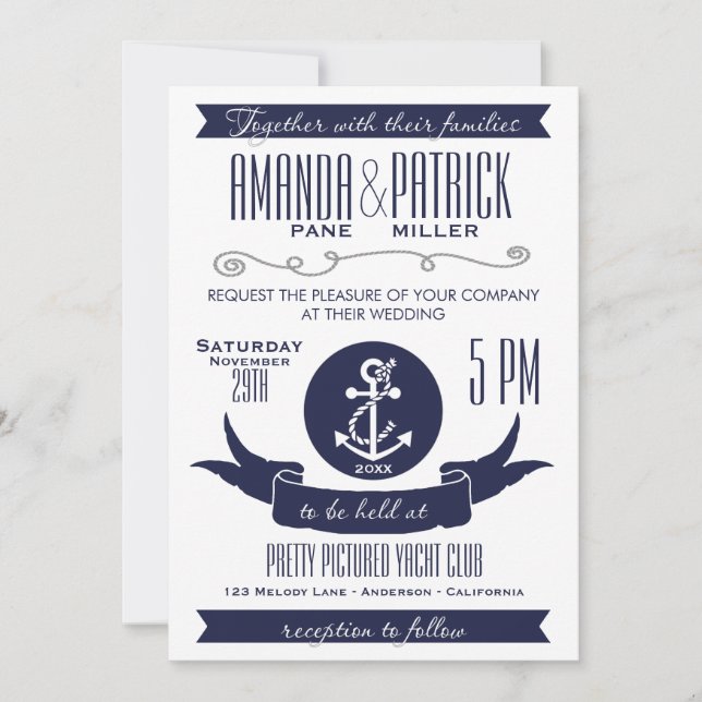 Invitaciones a la Boda Náutica Azul de la Armada A (Anverso)