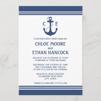 Invitaciones a la boda náutica azul de la Marina