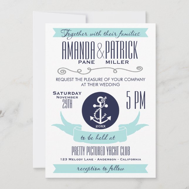 Invitaciones a la boda náutica azul de un ancla mo (Anverso)
