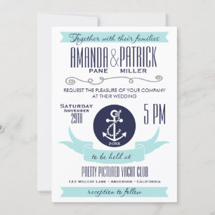 Invitaciones a la boda náutica azul de un ancla mo