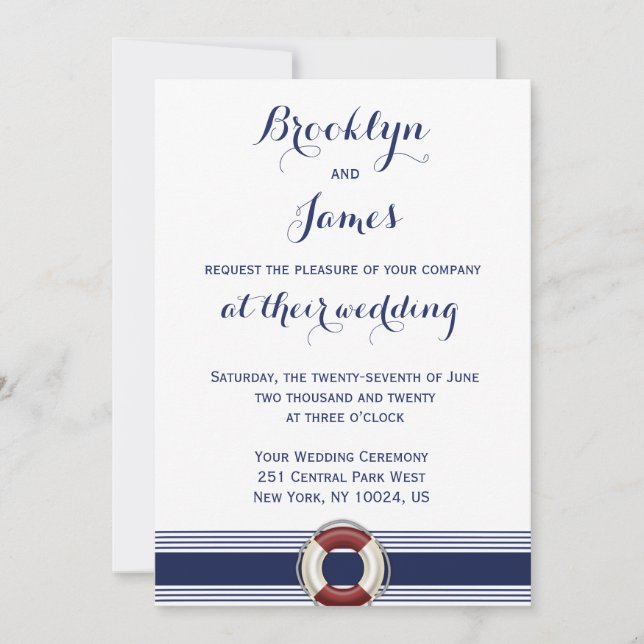Invitaciones a la Boda Náutica Blanca con Salvavid (Anverso)