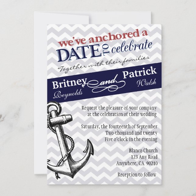 Invitaciones a la boda náutica del Ancla Azul de l (Anverso)