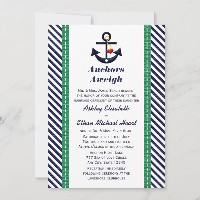 Invitaciones a la boda náutica del Ancla Verde y M (Anverso)