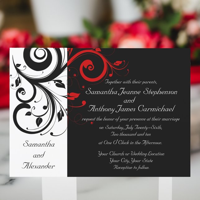 Invitaciones a la Boda Negra/Blanca/Roja Inversa (black and white with red swirl wedding invitations)