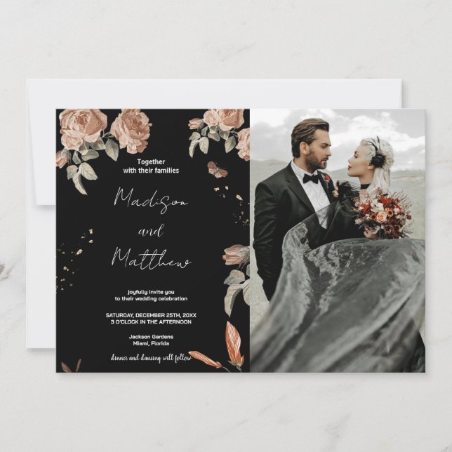 Invitaciones a la boda negra de flores marrones co (Anverso)