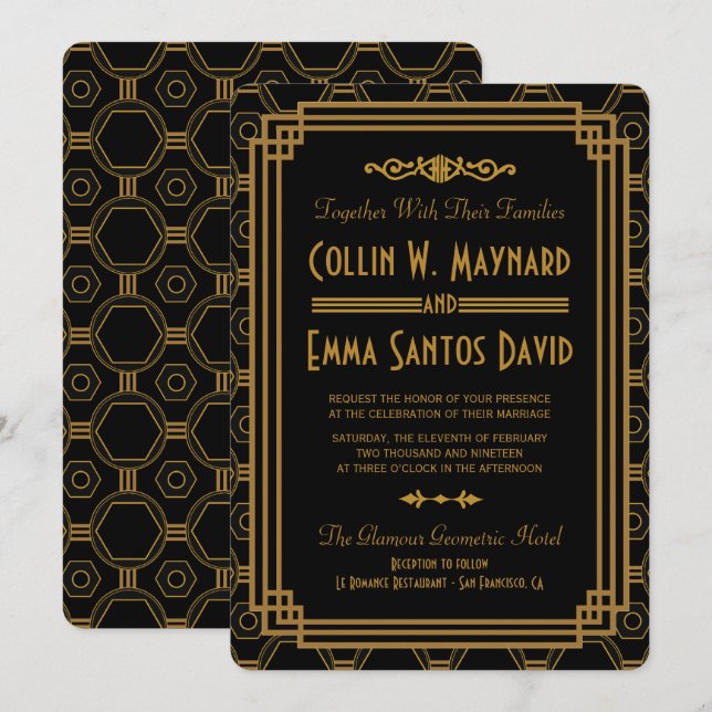 Invitaciones a la boda negra en Art Deco (Anverso / Reverso)