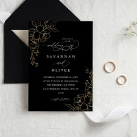 Invitaciones a la Boda Negra Floral Dorada