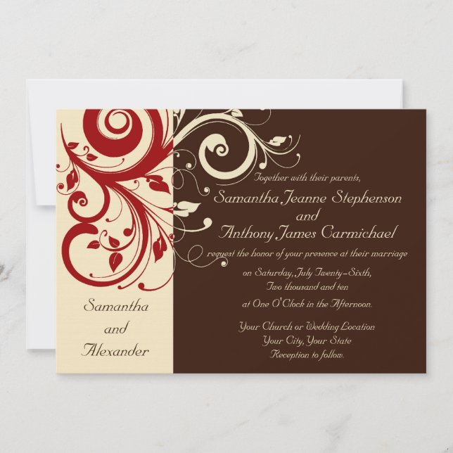 Invitaciones a la Boda Negra Marrón/Marfil/Rojo (Anverso)