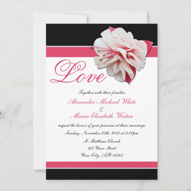 Invitaciones a la boda negra y rosada de flores de (Anverso)
