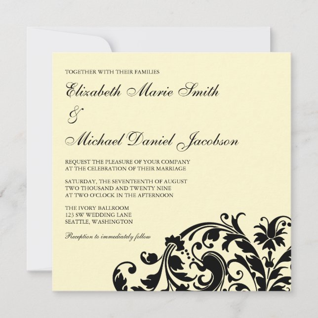 Invitaciones a la boda nublada con marfil y negro (Anverso)