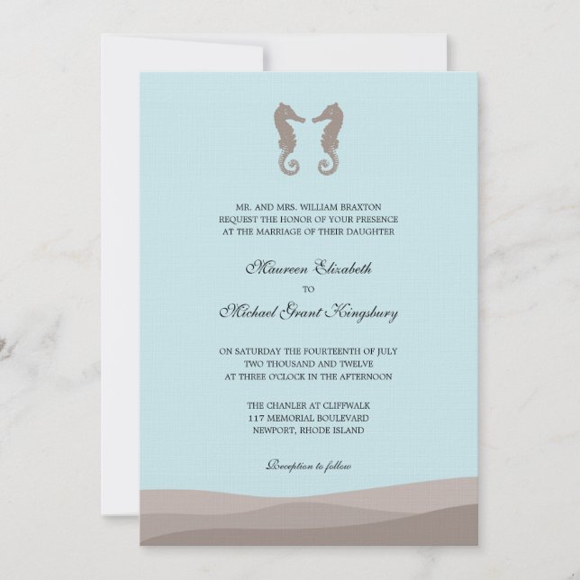 Invitaciones a la boda oceánica de dos caballitos  (Anverso)