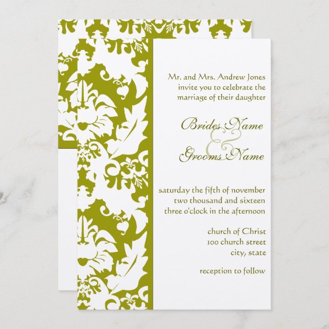 Invitaciones a la boda Olive Damask (Anverso / Reverso)