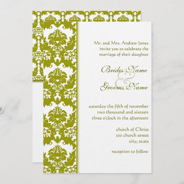 Invitaciones a la boda Olive Golden Lime Damask (Anverso / Reverso)