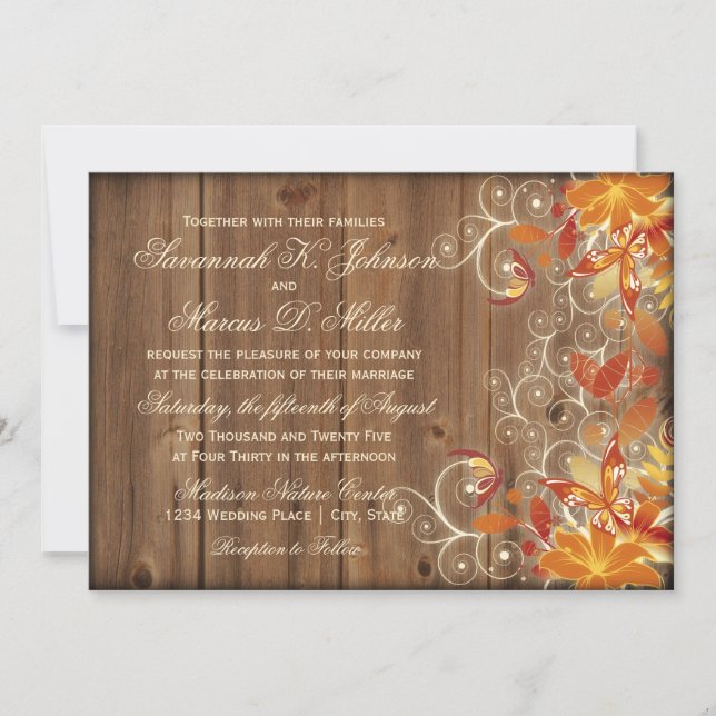 Invitaciones a la boda otoñal de la madera floral  (Anverso)