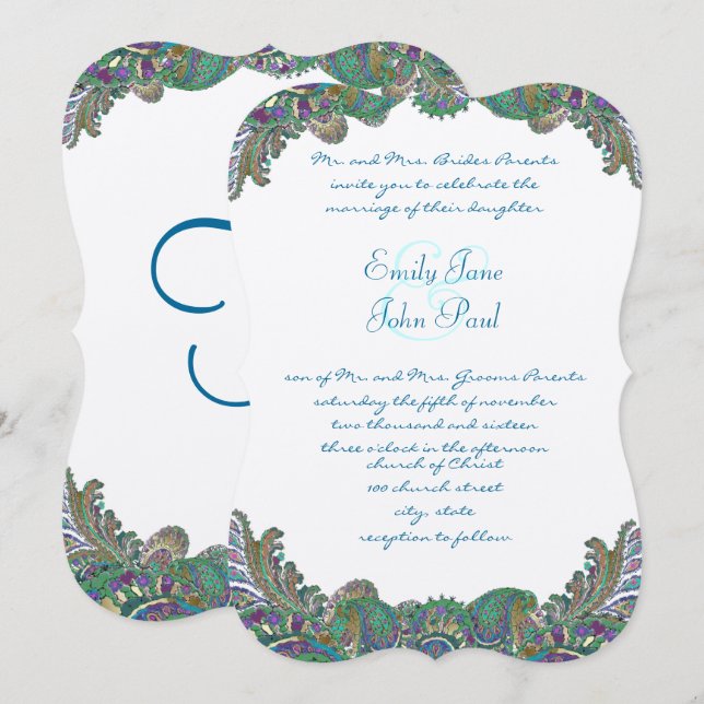 Invitaciones a la boda Paisley Peacock Colours (Anverso / Reverso)