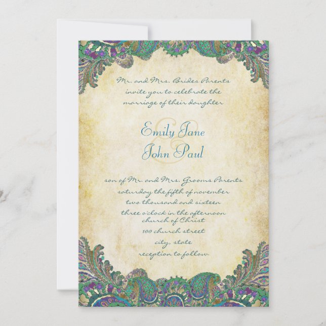 Invitaciones a la boda Paisley Peacock Colours (Anverso)