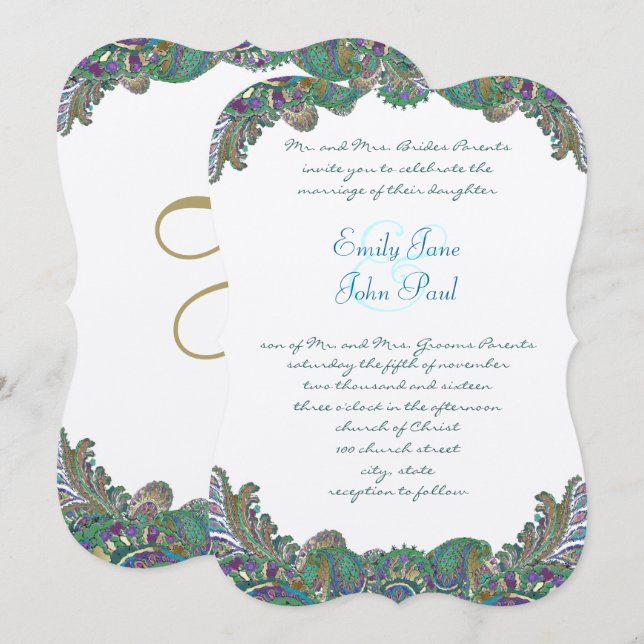 Invitaciones a la boda Paisley Peacock Colours (Anverso / Reverso)