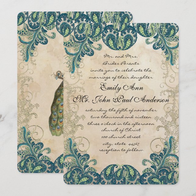 Invitaciones a la Boda Peacock verde azulada de Or (Anverso / Reverso)