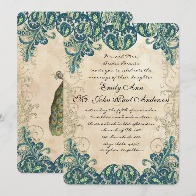 Invitaciones a la Boda Peacock verde azulada de Or (Anverso / Reverso)