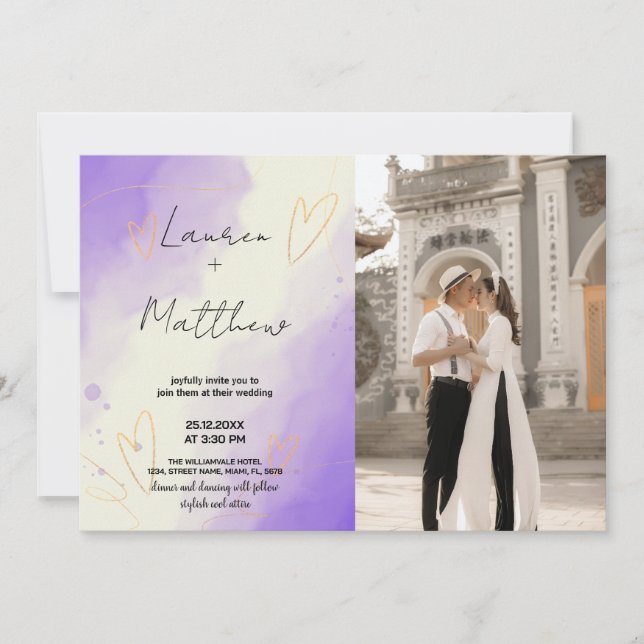 Invitaciones a la boda púrpura con foto (Anverso)