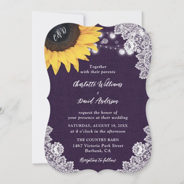 Invitaciones a la boda púrpura de girasol de lace (Anverso)