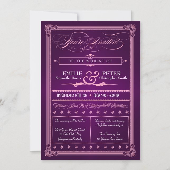 Invitaciones a la boda púrpura estilo póster vinta (Anverso)