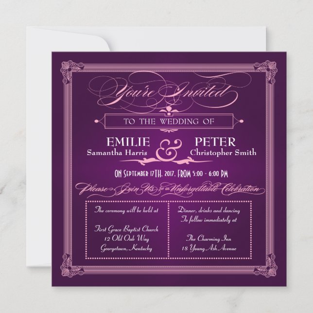 Invitaciones a la boda púrpura estilo póster vinta (Anverso)