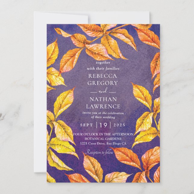 invitaciones a la boda púrpura y a la caída naranj (Anverso)