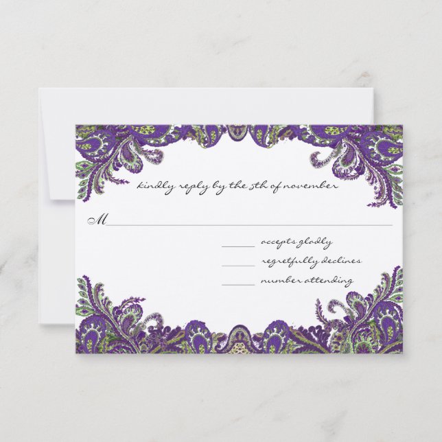 Invitaciones a la boda púrpura y verde de pavo rea (Anverso)