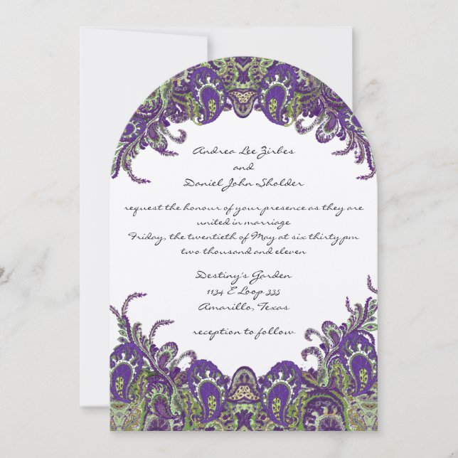Invitaciones a la boda púrpura y verde de pavo rea (Anverso)