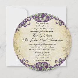 Invitaciones a la boda púrpura y verde de pavo rea