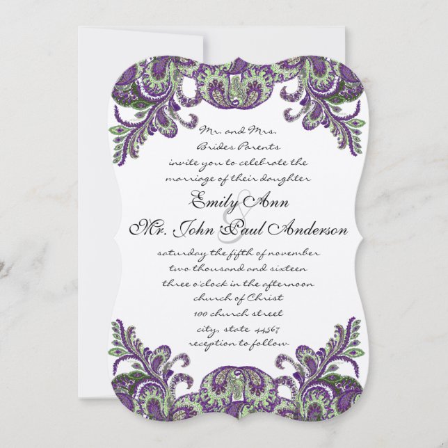 Invitaciones a la boda púrpura y verde de pavo rea (Anverso)