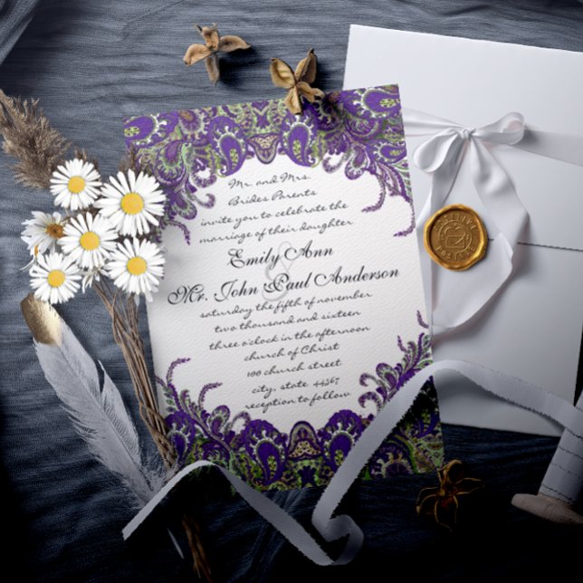 Invitaciones a la boda púrpura y verde de pavo rea (Subido por el creador)