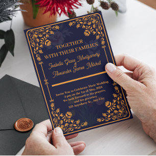 Invitaciones a la Boda Real Azul y Oro