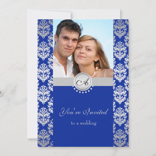Invitaciones a la Boda Real Azul y Plata de Damasc (Anverso)