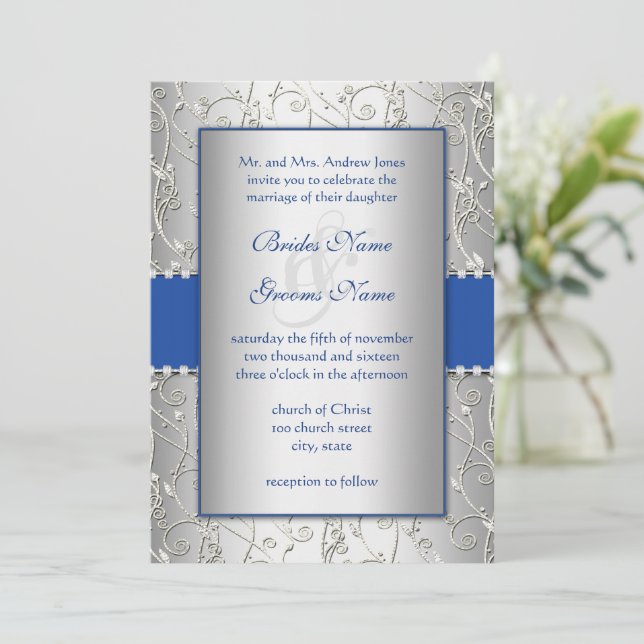 Invitaciones a la boda real de plata azul monogram (Anverso de pie)