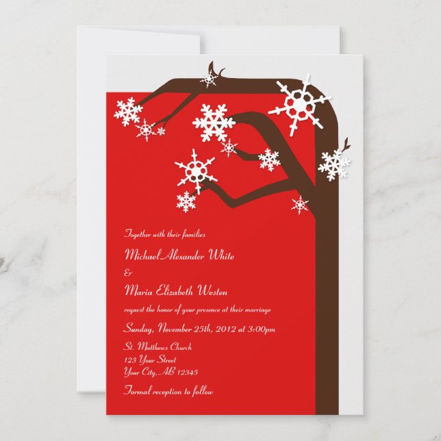Invitaciones a la boda roja de copo de nieve en ár (Anverso)