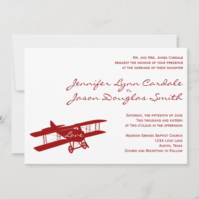 Invitaciones a la boda roja del aviador biplano de (Anverso)