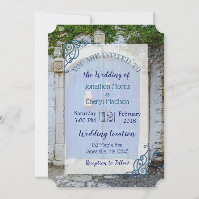 Invitaciones a la boda romántica de la puerta azul (Anverso)